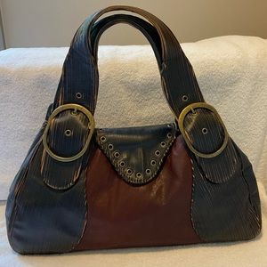 Jamah Leather Satchel Chestnut +Dk Brown Leather, Grommets Blue Suede Lining USA